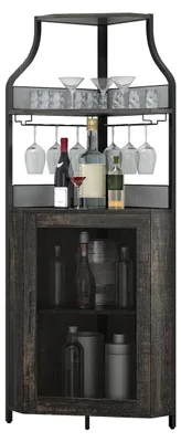 Produktbild von Eck-Weinbar-Schrank mit großem Stauraum und abnehmbarem Weinregal, Kaffeebar mit Glasablage und Gittertür, 4-stufiger Getränkeschrank für Bar- und Weinlagerung.
