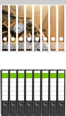 Produktbild von Wallario 8 Stück schmale Ordner inkl. Klebeetiketten mit Motive Alte Taschenuhr am Strand -  Set mit Rückenschildern / Ordnerrücken Stickern