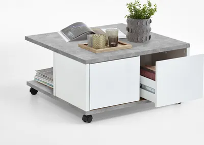 Produktbild von FMD furniture Couchtisch Sofatisch 70 x 70 x 36 cm Beton / weiß Edelglanz zwei Ablagen + 2 Schubladen, auf Rollen