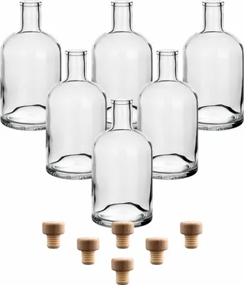 Produktbild von gouveo 6er Set Glasflaschen 700 ml Klassik mit Korken (HGK) - Leere Flasche 0,7 l aus Glas zum Befüllen mit Gin, Whisky, Likör