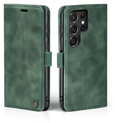 A green flip cover phone case for a Samsung Galaxy S22 Ultra is shown from two angles.