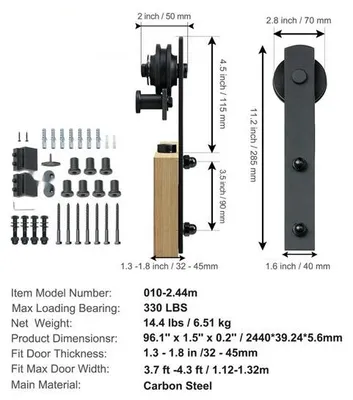 Obrázok produktu pre 244cm posuvné dvere s posuvným systémom v tvare I s 2-dielnymi koľajnicami - Nosnosť 150kg - Bežecká dráha - Vhodné pre dvere s hrúbkou 32-45mm, šírka 1,12-1,32m