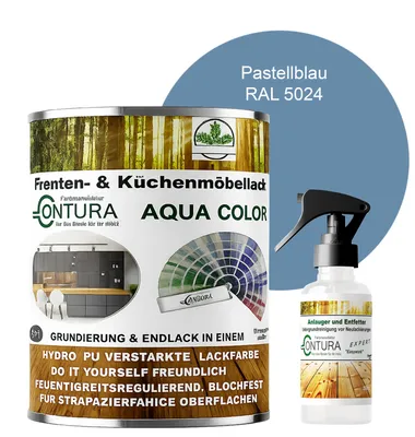 Produktbild von 750ml. + Anlauger - Contura Küchenmöbellack RAL Möbellack SEIDENMATT SET Möbelfarbe Holzlack Buntlack Küchenlack - RAL 5024 Pastellblau