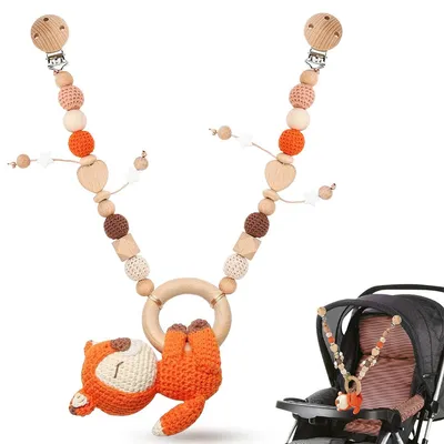 Produktbild von Kinderwagenkette Holz gehäkelt,Babyspielzeug ab 0 Monate mit Glöckchen,Wagenkette für Kinderwagen und Babyschale, Naturmaterial