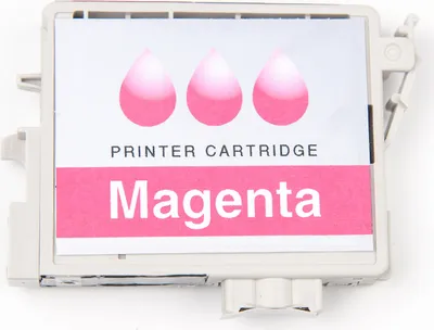 A magenta printer cartridge with three pink ink drops depicted on a white background.