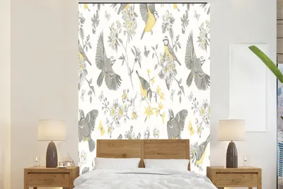 Produktbild von MuchoWow® Fototapete für Wohnzimmer oder Schlafzimmer Wandtapete Vinyl Motivtapete Blumen - Vogel - Blätter - 200x300 cm - Wanddekorationen