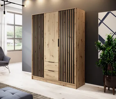 A modern bedroom or living room setting with a wardrobe, chair, and plant.