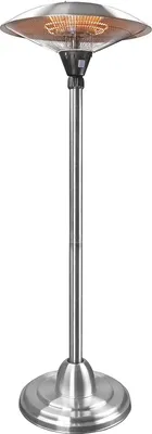 A standalone patio heater with a silver finish.