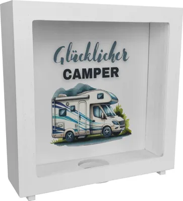 Produktbild von Wohnmobil Rahmen Spardose aus Holz mit Spruch Glücklicher Camper