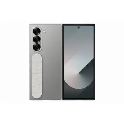 A silver foldable smartphone is shown from the back and front, with a white grip accessory attached to the back.