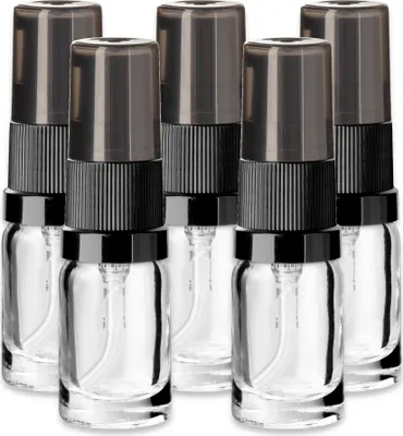 Produktbild von 5x Klare Glasflasche 5 ml mit schwarzer Pumpe Dispenserpumpe 18 mm Set