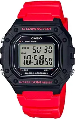A digital watch with a black face and red strap.
