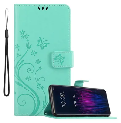 Image de Cadorabo Housse pour HTC U24 PRO Housse en FLORAL TURQUOISE Housse de protection au design floral avec fermeture magnétique, fonction de rangement et emplacements pour cartes Book Case Cover
