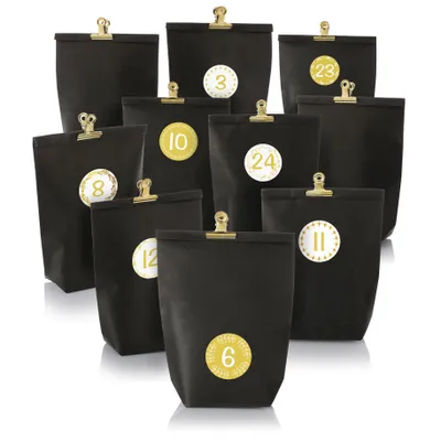Produktbild von Nordstern Adventskalender zum Befüllen Schwarz Gold - DIY Geschenktüten Set mit 24 Kraftpapiertüten, goldenen Klammern und Zahlen Aufklebern