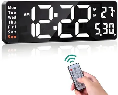 Obrázok produktu pre Digitálne nástenné hodiny s diaľkovým ovládaním, veľkosť 40,6 cm, 10 úrovní jasu, odpočítavacie hodiny s displejom dátumu, času a teploty, 2 budíky, vhodné do obývačky a kancelárie