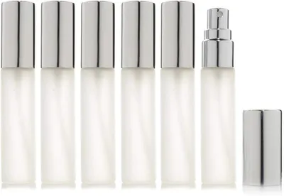 Produktbild von Set mit 6 mattierten Glas-Sprühflaschen – 10 ml – Nachfüllbar – Für Parfüm – 2 x 3 ml Pipetten (silber)