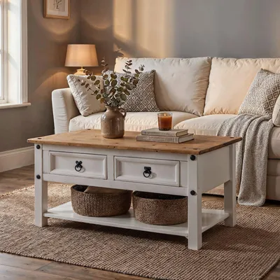 A living room scene with a couch and coffee table.