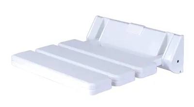 A white plastic shower seat mounted on a white background.