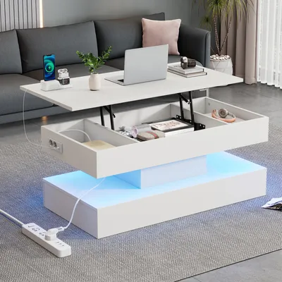 Image de Fortuna Lai Table basse moderne avec éclairage LED et espace de rangement dissimulé - Table d'appoint avec levage hydraulique, 100*50*42 cm, charge maximale 50 kg