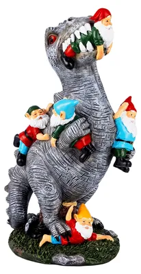 Image de Figurine de jardin Relaxdays, dinosaure dévorant des nains de jardin, décoration résistante aux intempéries, jardin familial, résine synthétique, 28,5 cm de haut, multicolore
