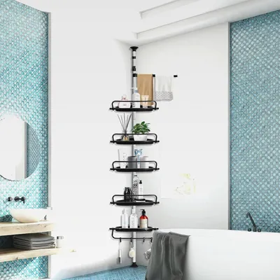 Produktbild von Teleskop-Duschregal Ohne Bohren, Höhenverstellbares Ecke Edelstahl Eckregal Bad Badregal mit 5 Körben und 1 Handtuchhalter、4 Häkchen für Dusche Haushalt von 95-320 cm