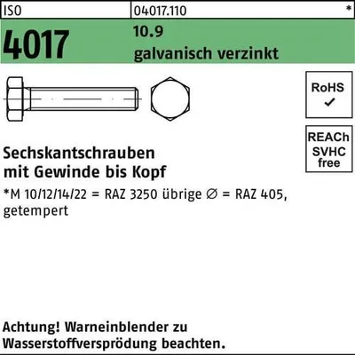 Produktbild von Sechskantschraube ISO 4017 VG M 12 x 180 10.9 galvanisch verzinkt