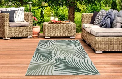 Produktbild von Sisal Teppich Indoor & Outdoor Terrasse Balkon Küche Wohnzimmer Palmen Zweige creme grün Größe - 160x220 cm