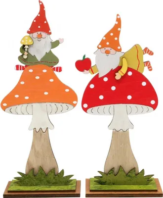 Zdjęcie produktu dla Muchomor dekoracja drewniana jesień, zestaw skrzat, pomarańczowy czerwony, dekoracja 21cm 4 szt