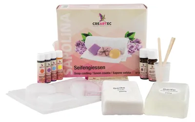 Produktbild von CREARTEC Sapolina Seifengießen Komplettset zur Seifenherstellung - enthält Glycerinseife in weiß und transparent, Seifenfarbe und Duft - 57995