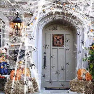Obrázek produktu pro 100 g dekorací na Halloween: pavučiny – sada 60 kusů – umělé pavouci – elastické pavučiny – dekorace do strašidelného domu