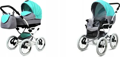 Two images of a baby stroller, one showing the bassinet and the other the seat.