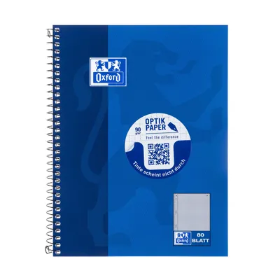 A blue spiral-bound notebook with branding and product information.