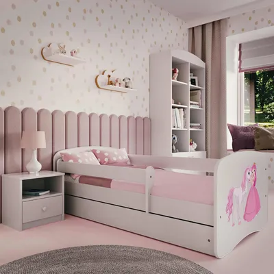 Produktbild von Kinderbett Weiß 70x140 80x160 80x180 cm – mit Matratze, Rausfallschutz und Schublade – Jugendbett für Mädchen und Jungen – Stabil und Sicher – Prinzessin und Pferd – 180x80 cm