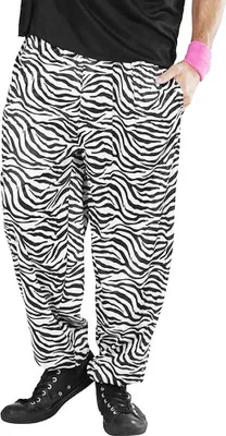 A person wearing zebra-patterned pants and a pink wristband.