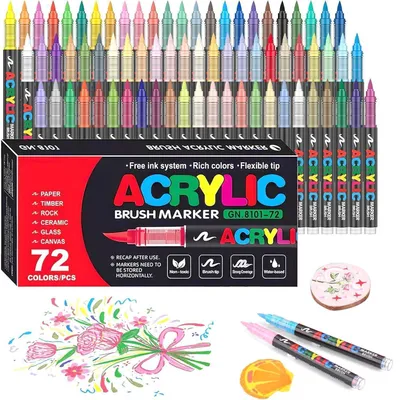 Image de Jeu de 72 stylos marqueurs acryliques, pointe pinceau de 1 à 5 mm, résistants à l'eau, pour utilisation sur pierre, verre, bois, céramique et toile