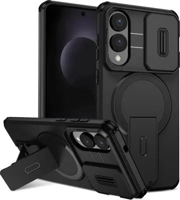 Obrázek produktu pro Magnetické pouzdro pro Samsung Galaxy S25 Edge, dvouvrstvé odolné pouzdro s posuvnou ochranou fotoaparátu a nastavitelným stojánkem Černá