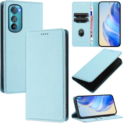 Produktbild von Litchi Leder Handyhülle für Motorola Edge 30 Wallet Kartenfächer Standfunktion Hülle Hellblau
