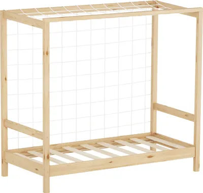 Produktbild von ML-Design Kinderbett Fußballtor, 70x140 cm, Natur, Einzelbett für Kinder, Holzbett mit Lattenrost & Tornetz, Jugendbett aus Kiefernholz, Handballtor