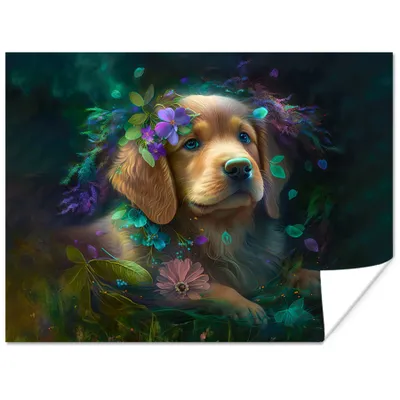 Produktbild von MuchoWow® Poster Hund - Welpe - Blumen - Natur - Golden Retriever 160x120 cm - Foto Plakat