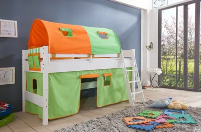 Produktbild von Relita Halbhohes Spielbett Kim Buche massiv weiß lackiert mit Textil-Set, grün/orange