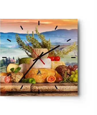 Produktbild von Wanduhr - Quadrat - Glasuhr - Toskana Käse Obst Italien - 30x30cm - Schleichendes Uhrwerk - Lautlos - zum Aufhängen bereit - Dekoration Modern - Wanddekoration aus Glas - C3AC30x30-2902