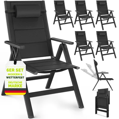 Image de Chaises de jardin Tillvex avec coussins Premium, lot de 6, noires, pliables, en aluminium | Dossier haut avec accoudoirs | Chaises pliantes réglables | Fauteuils pliants pour balcon, jardin et terrasse