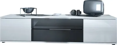 Produktbild von Vladon TV Lowboard Linio V2, Fernsehtisch mit 2 Türen und 2 Schubladen – Weiß / Schwarz Hochglanz (166,5 x 37,5 x 35 cm)