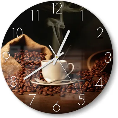 Produktbild von DEQORI Glasuhr Ø30 cm Zahlen 'Kaffeetasse mit Bohnen' Wanduhr Glas Uhr Design leise