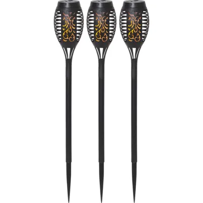 Produktbild von Star Trading 481-03 LED-Solar-Fackel "Flame Mini", 3er Set schwarzer Kunststoff, imitiert Feuer, 7x40 cm,  je 1 gelbe LED, mit Solarpanel, Akku, outdoor, Vierfarb-Karton
