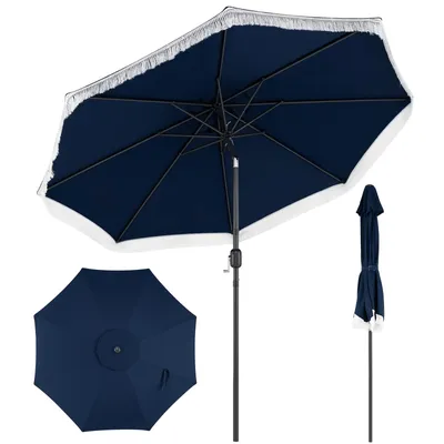 Zdjęcie produktu dla Parasol ogrodowy COSTWAY Boho, parasol ogrodowy o średnicy 270 cm, parasol targowy z możliwością pochylania o 30° w obie strony, parasol balkonowy z frędzlami i korbą, parasol tarasowy