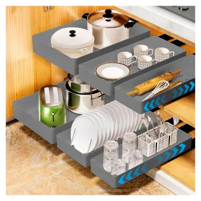 Produktbild von Ausziehbarer Schrankorganizer mit Schubladen, Kunststoff Aufbewahrungseinsätze für Küchenschränke, ohne Bohren, 1 Stück, 37,8 cm T x 13,5 cm B x 5,6 cm H