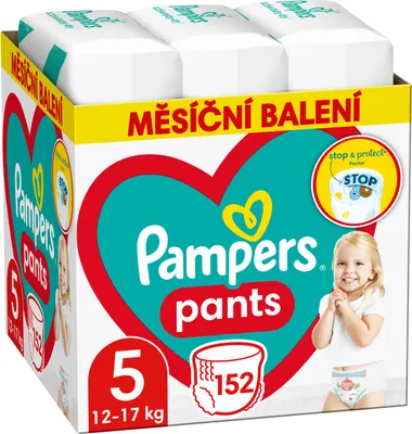 A box of Pampers Pants diapers, featuring a smiling child and product branding.