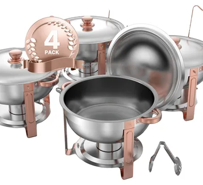 Productafbeelding van VEVOR Hot Pot buffet-gerechtwarmhouder met 4 grote containers (elk 4,7 liter), roestvrijstalen catering-warmhoudapparaat voor bruiloften, rosé goud