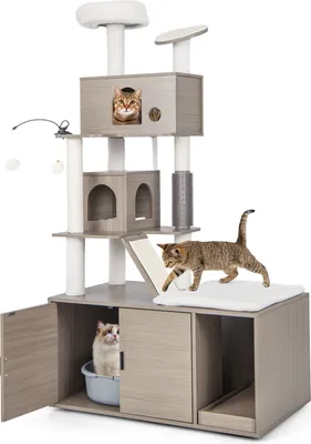 Produktbild von GOPLUS Katzenbaum mit Katzenschrank, All-in-One Kratzbaum mit Höhle, Kratzstämmen, Sisal-Kratzmatten, baumelnden Bällen, Fellpfleger, Moderne Katzenmöbel für Wohnungskatzen (95 x 55,5 x 173 cm)